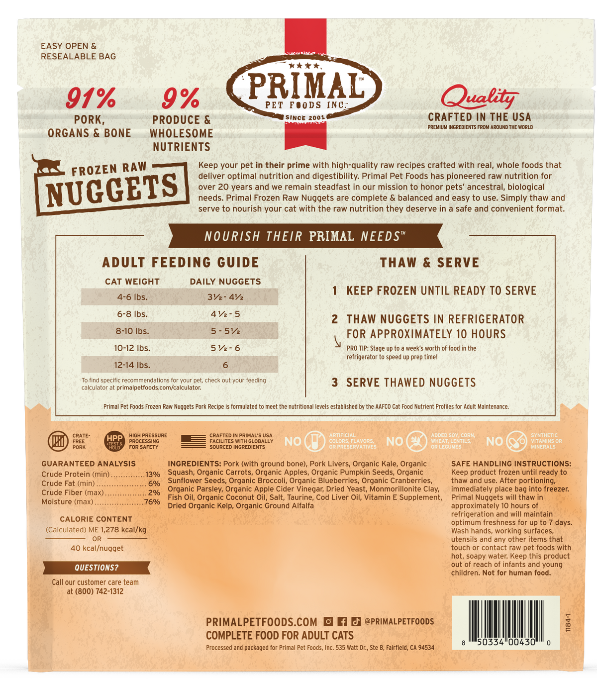 Primal Frozen Nuggets Pork Formula Grain-Free Raw Cat Food 3 lb