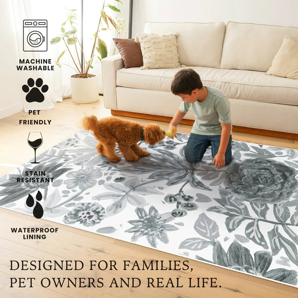 Crystal Art Gallery My Magic Carpet Washable Area Rug- Floral Bloom Grey 3 x 5 ft