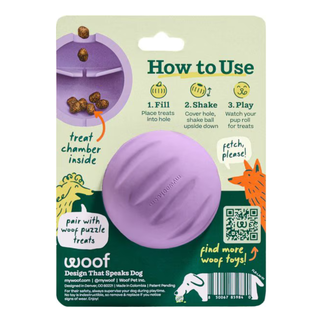 Woof Flyball Fetch Ball & Occupying Treat Dispensing Puzzle Dog Toy- Lavender