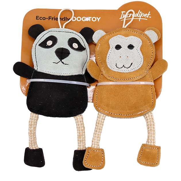 Incredipet Leather & Rope Panda & Monkey Dog Toys 2 pk