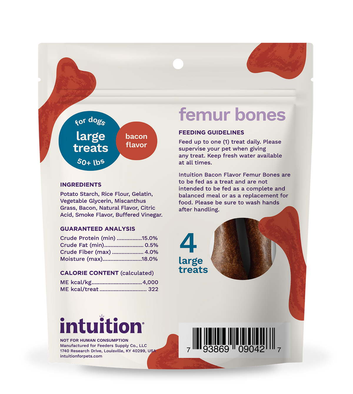 Intuition Femur Bones, Rawhide-Free, Long-Lasting Bacon Flavor Dog Chew Treats 4 ct
