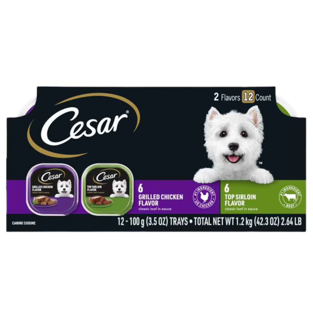 Cesar Classic Loaf in Sauce Top Sirloin & Grilled Chicken Flavors Variety Pack Grain-Free Small Breed Adult Wet Dog Food 12 ct