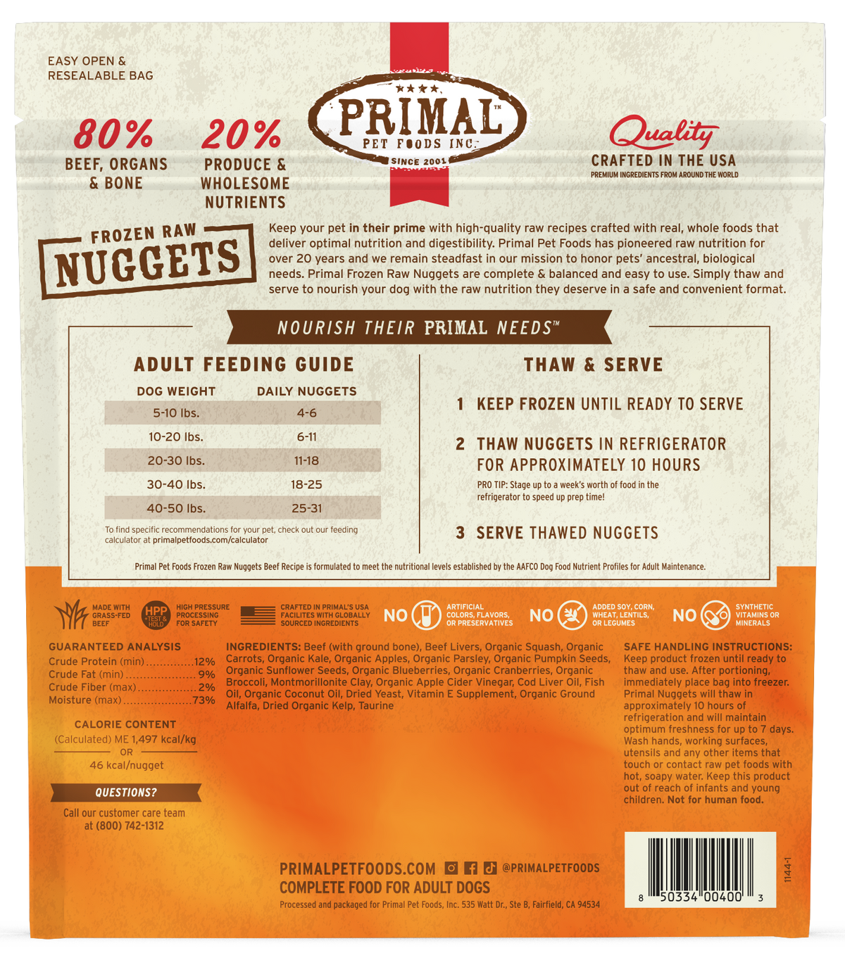 Primal Raw Frozen Nuggets Beef Formula Dog Food 3 lb