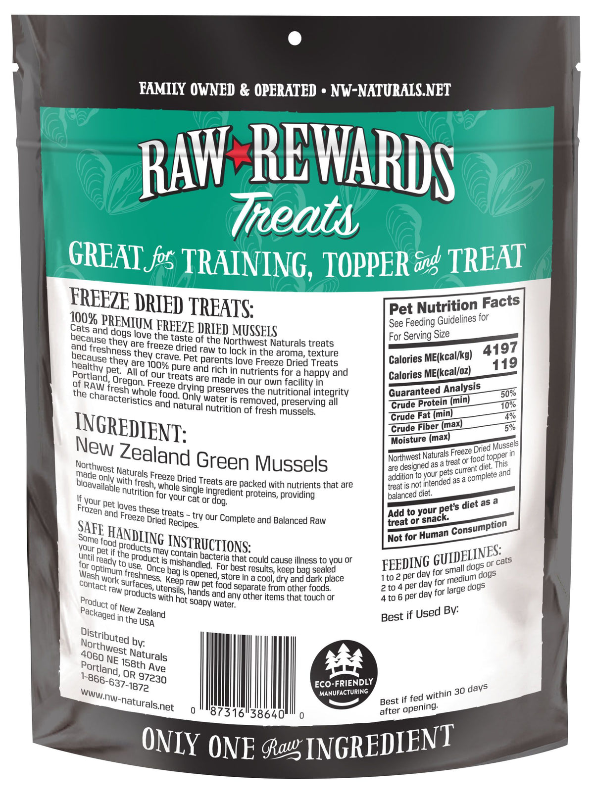 Northwest Naturals Raw Rewards Treats Freeze Dried New Zealand Green Mussels for Dogs & Cats 2 oz