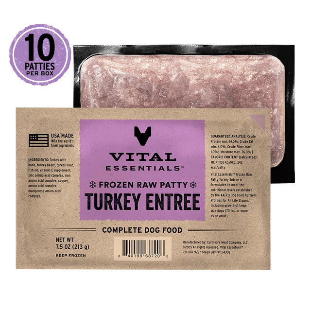 Vital Essentials Frozen Raw Turkey Recipe Dog Food Patties 10 ct