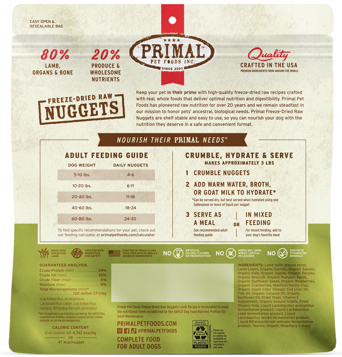 Primal Lamb Formula Nuggets Grain-Free Freeze-Dried Dog Food 14 oz