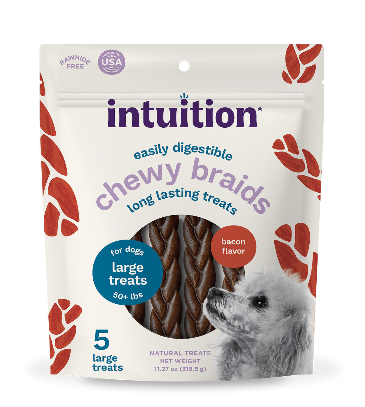 Intuition Chewy Braids, Rawhide-Free, Long-Lasting Bacon Flavor Dog Chew Treats 5 ct