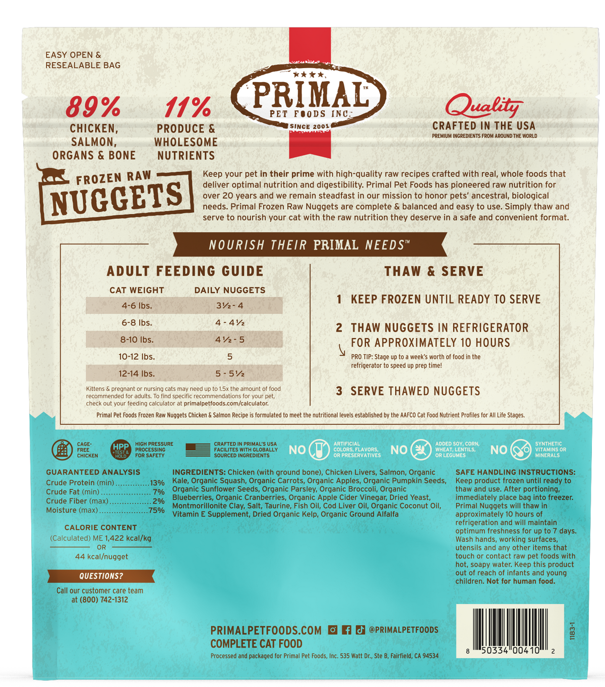 Primal Frozen Nuggets Chicken & Salmon Formula Grain-Free Raw Cat Food 3 lb