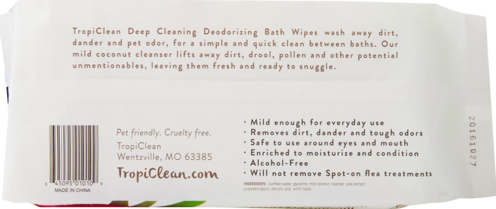 Tropiclean Deep Cleaning Berry & Coconut Dirt & Odor Remover Dog & Cat Wipes 100 ct