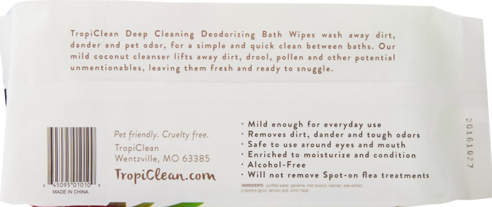 Tropiclean Deodorizing Hypo Allergenic Fragrance Free Dog & Cat Wipes 100 ct