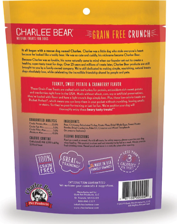 Charlee Bear Grain Free Crunch Turkey, Sweet Potato & Cranberry Dog Treats 8 oz