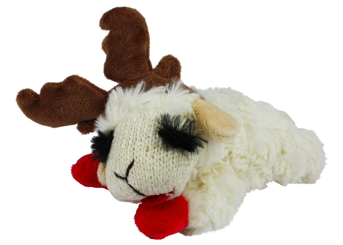Multipet Holiday Lamb Chop with Antlers Plush Dog Toy 10.5 in