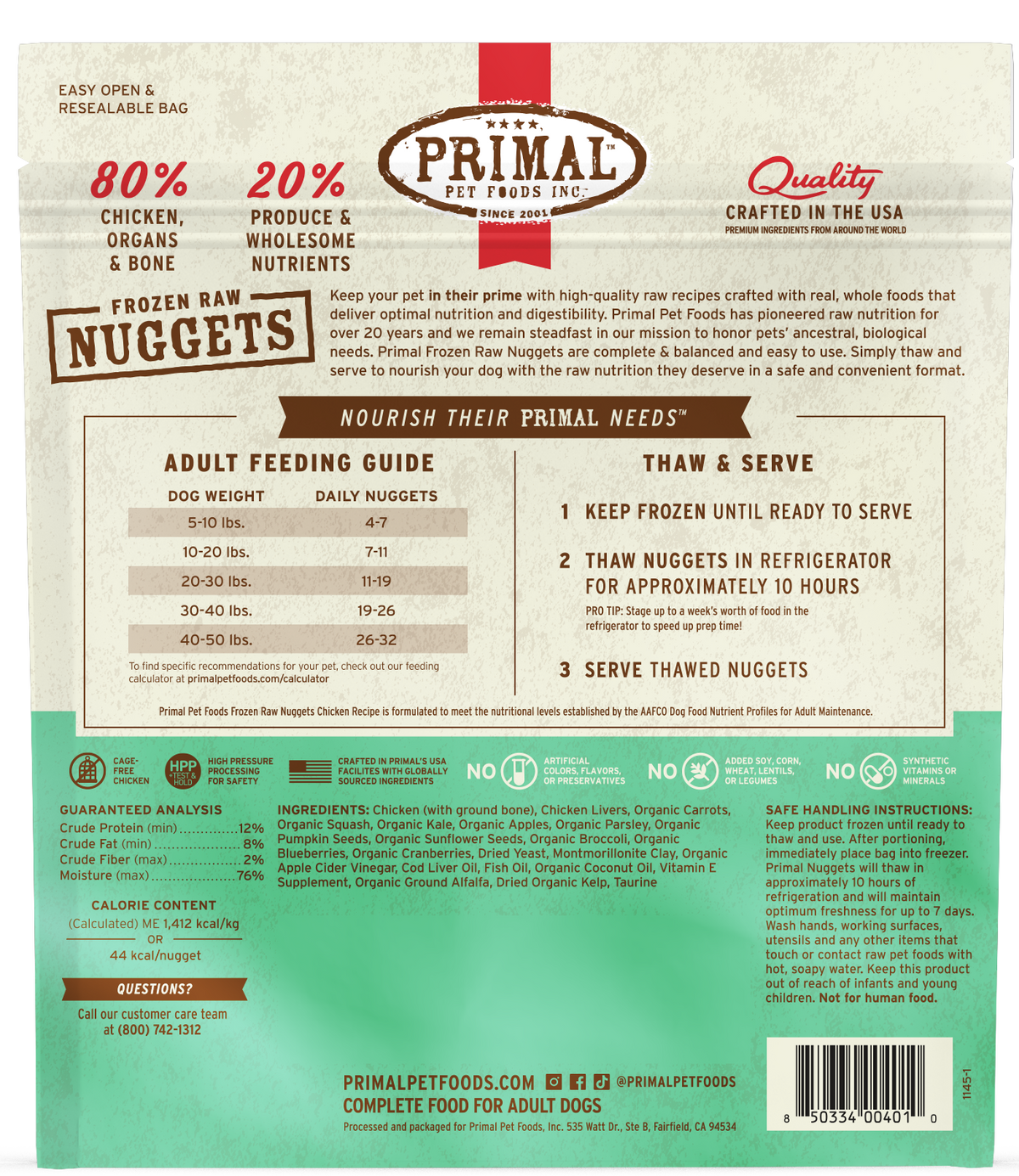 Primal Raw Frozen Nuggets Chicken Formula Dog Food 3 lb