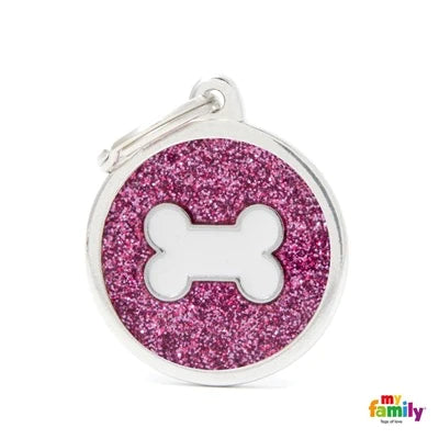 Myfamily Large Round Pink Glitter with Bone Personalized Dog ID Tag