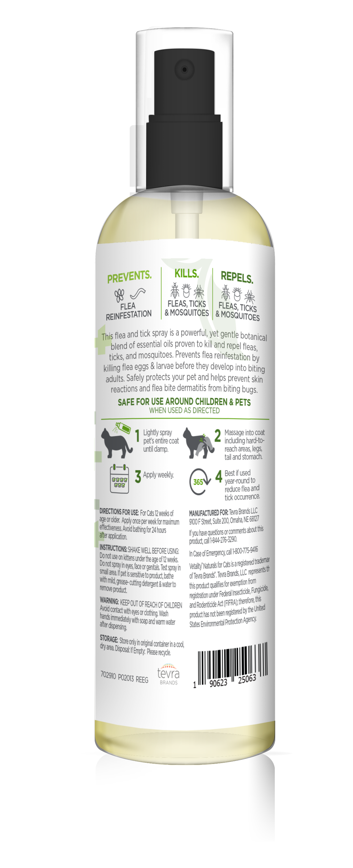 Vetality Naturals Flea & Tick Spray for Cats, Kills & Repels Fleas, Flea Eggs & Larvae, Ticks & Mosquitoes 8 oz