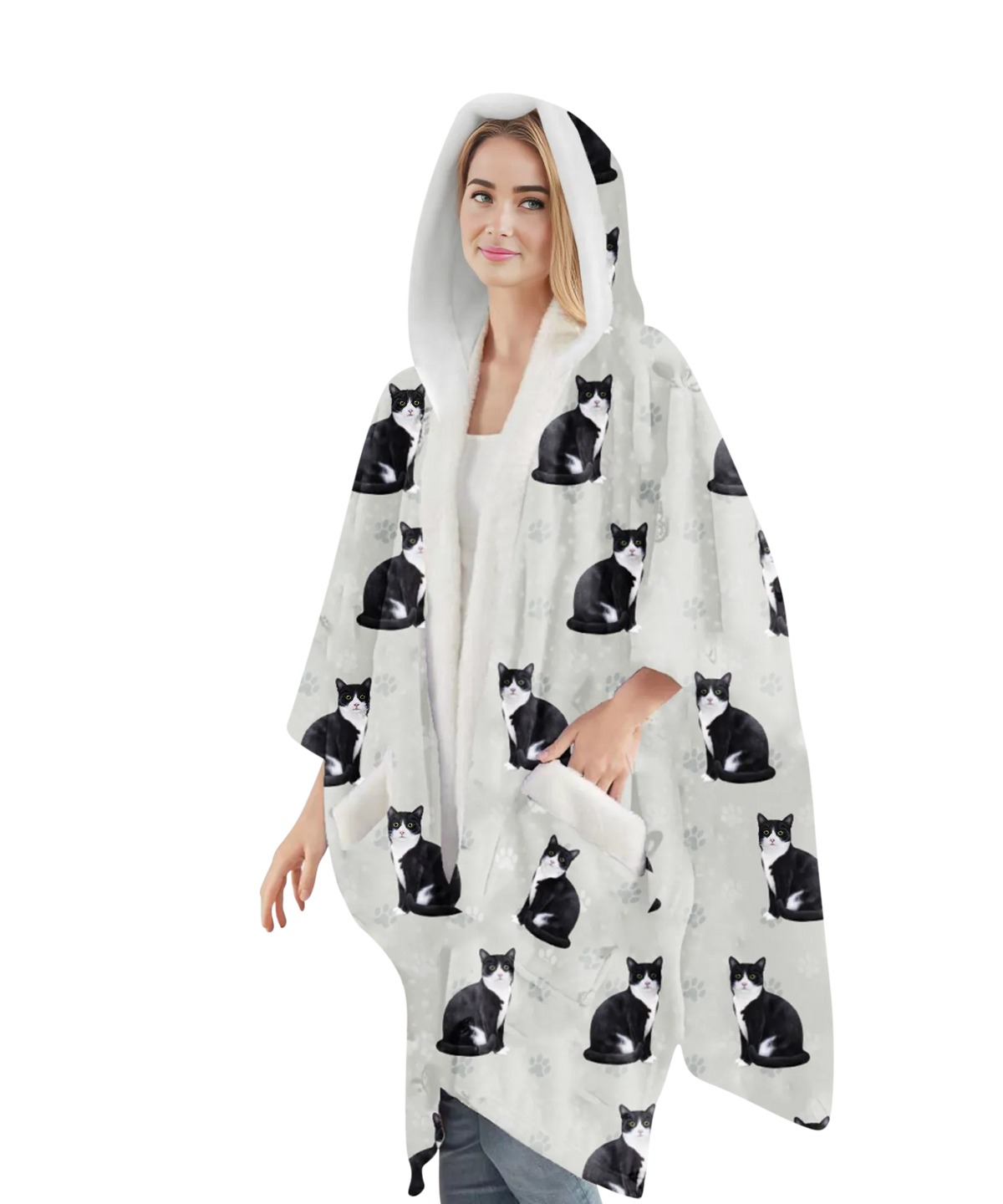E & S Imports Black & White Cat Snuggs Wraps Blanket Hoodie