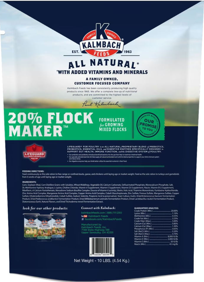 Kalmbach Feeds All Natural 20% Flock Maker Protein Crumbles Poultry Feed for Growing Mixed Flocks 10 lb