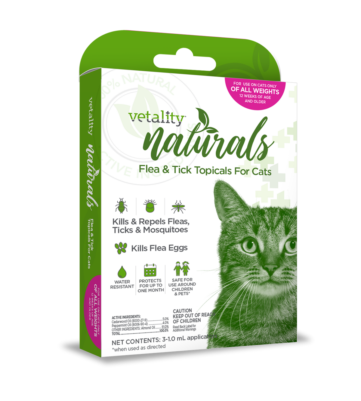 Vetality Naturals Flea & Tick Topicals for Cats, Kills & Repels Fleas, Ticks & Mosquitoes- 3 pack