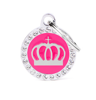 Myfamily Glam Crown Circle Fuchsia Strass Personaized Dog ID Tag