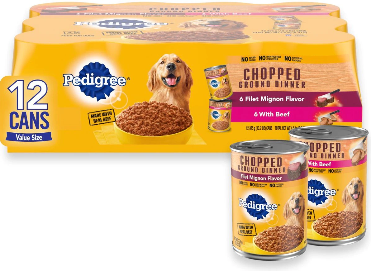 Pedigree Chopped Ground Dinner Filet Mignon & Beef Adult Canned Dog Food Variety Pack 13.2 oz/Case of 12
