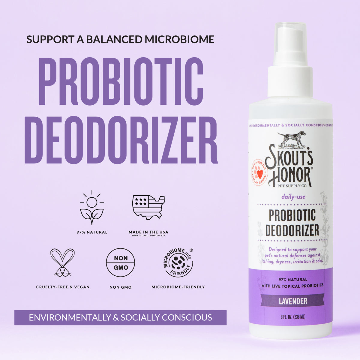 Skout's Honor Probiotic Deodorizing Spray Lavender Scented for Dogs 8 oz