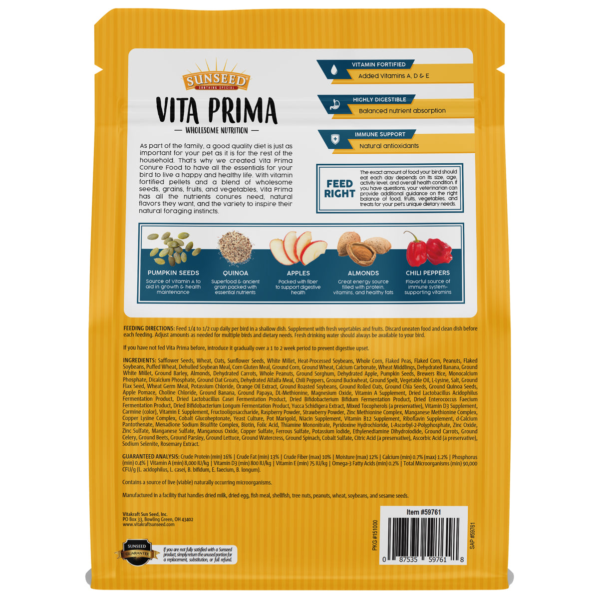 Sunseed Vita Prima Conure Food 3 lb