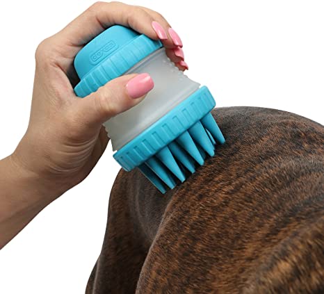Dexas ScrubBuster Silicone Dog Washing Brush With Built-In Shampoo Reservoir, Blue