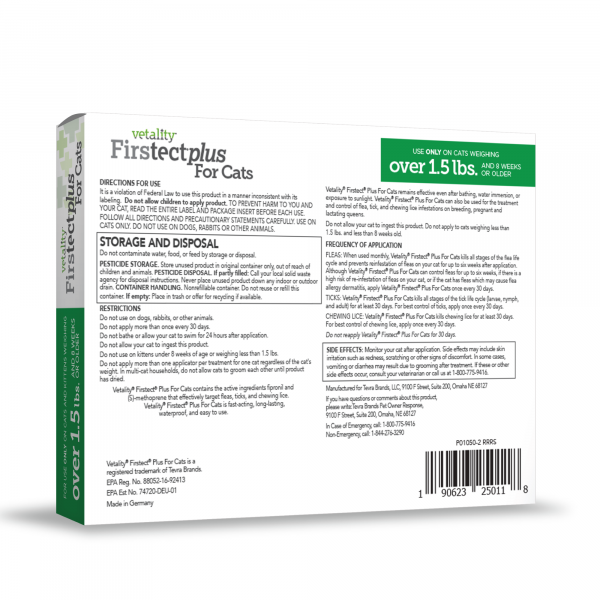 Vetality Firstect Plus for Cats Over 1.5 lbs, Kills Fleas, Flea Eggs & Larvae and Chewing Lice- 3 pack