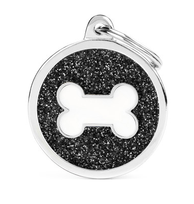 Myfamily Large Round Black Glitter with Bone Personalized Dog ID Tag