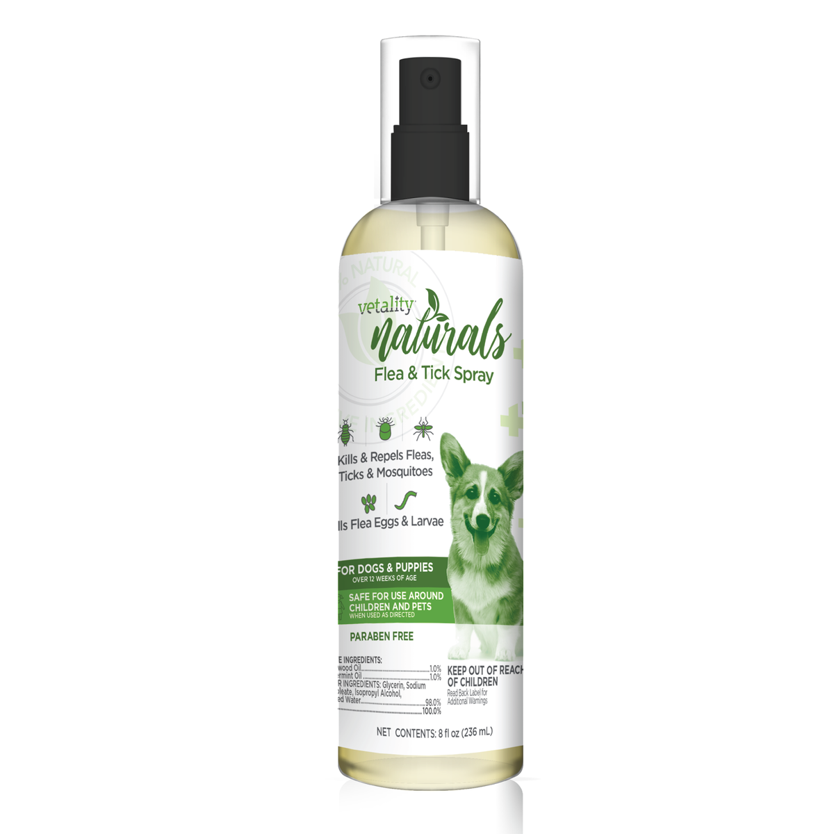 Vetality Naturals Flea & Tick Spray for Dogs, Kills & Repels Fleas, Flea Eggs & Larvae, Ticks & Mosquitoes 8 oz