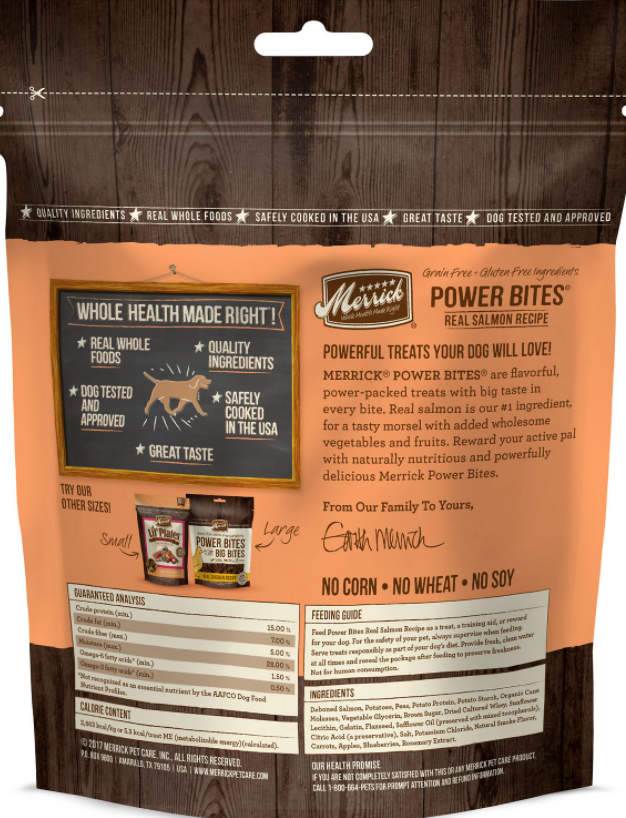 Merrick Power Bites Real Salmon Recipe Grain-Free Soft & Chewy Dog Treats 6 oz