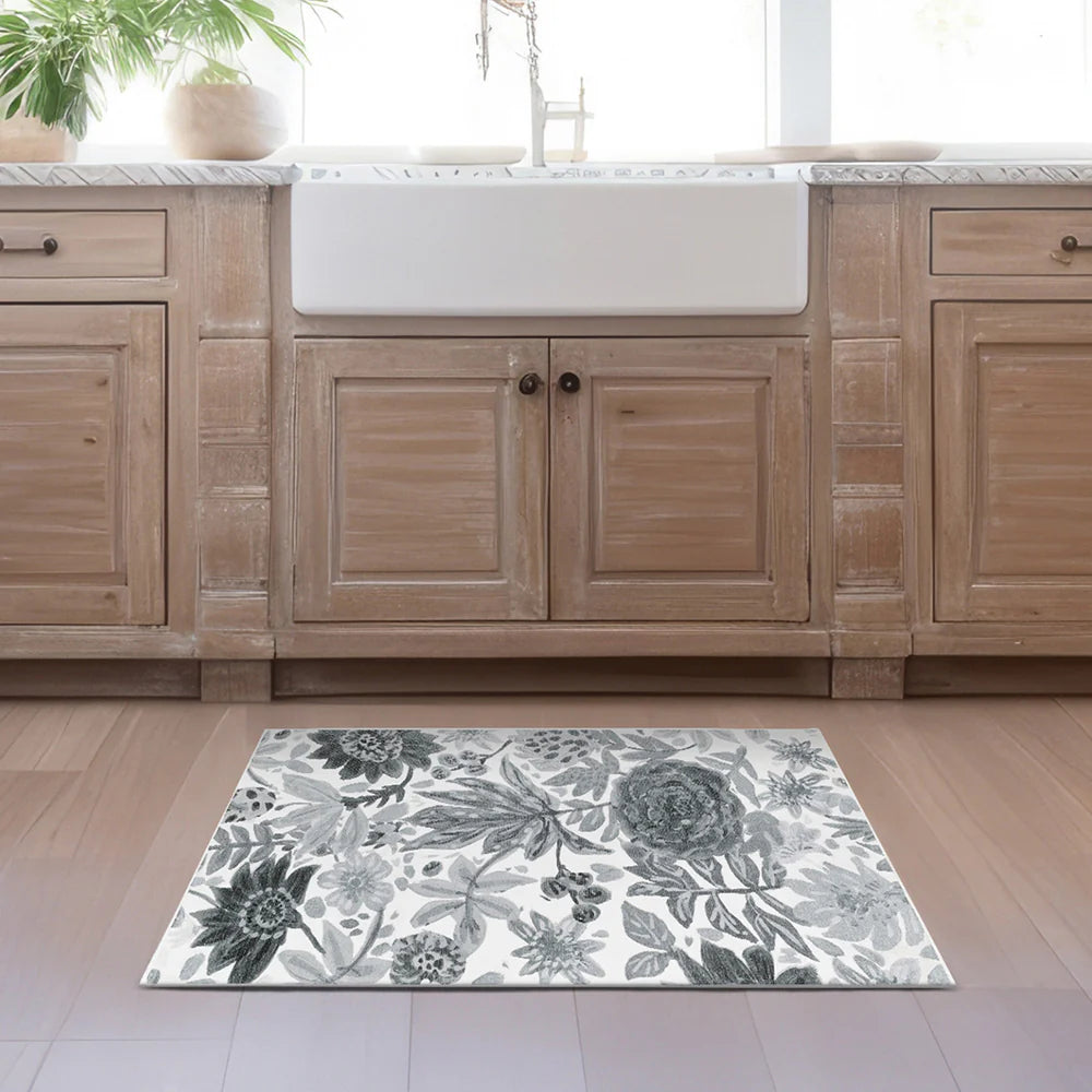 Crystal Art Gallery My Magic Carpet Washable Area Rug- Floral Bloom Grey 3 x 5 ft