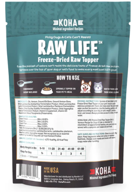 Koha Raw Life Freeze-Dried Raw Topper Elk & Venison Recipe for Dogs & Cats 8 oz