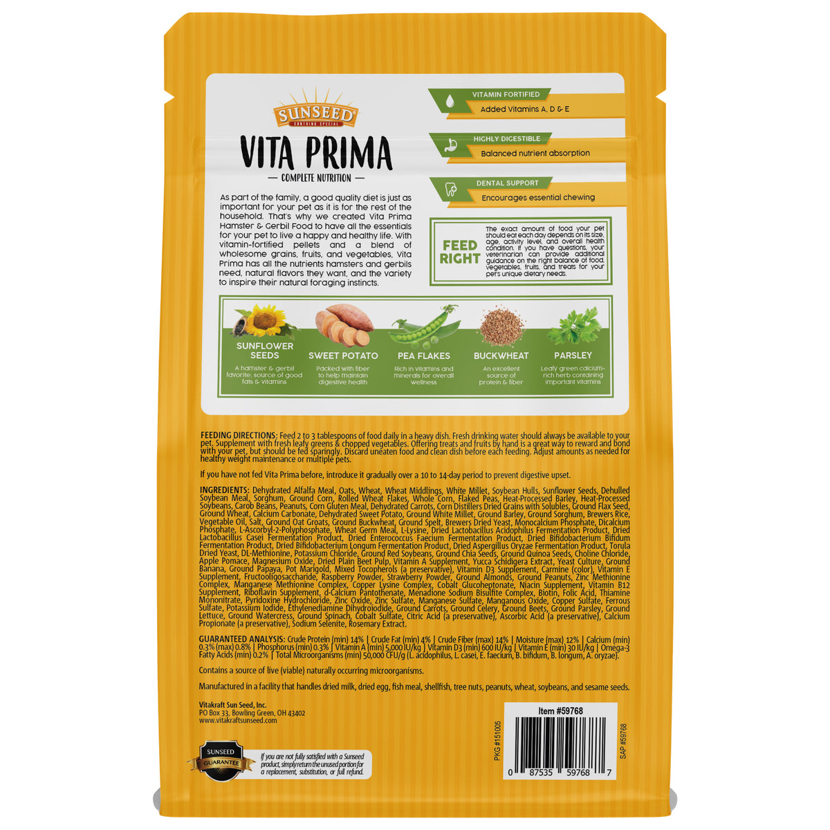 Sunseed Vita Prima Complete Nutrition Hamster & Gerbil Food 2 lb