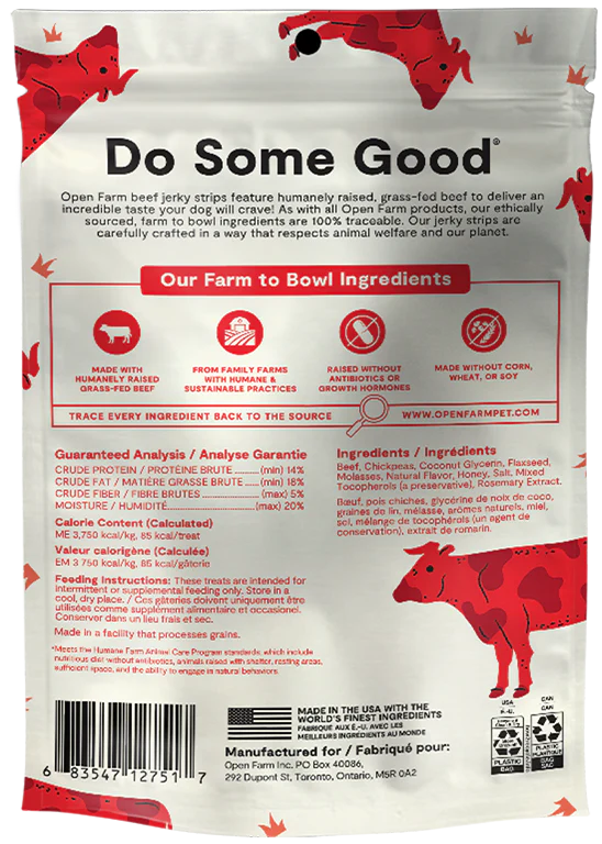 Open Farm Grain-Free Grass-Fed Beef Recipe Jerky Strips Dog Treats 5.6 oz