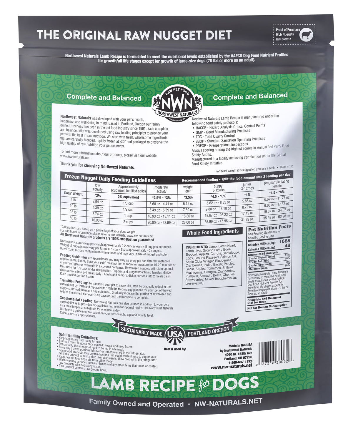 Northwest Naturals Raw Frozen Nugget Diet for Dogs Lamb Recipe 6 lb