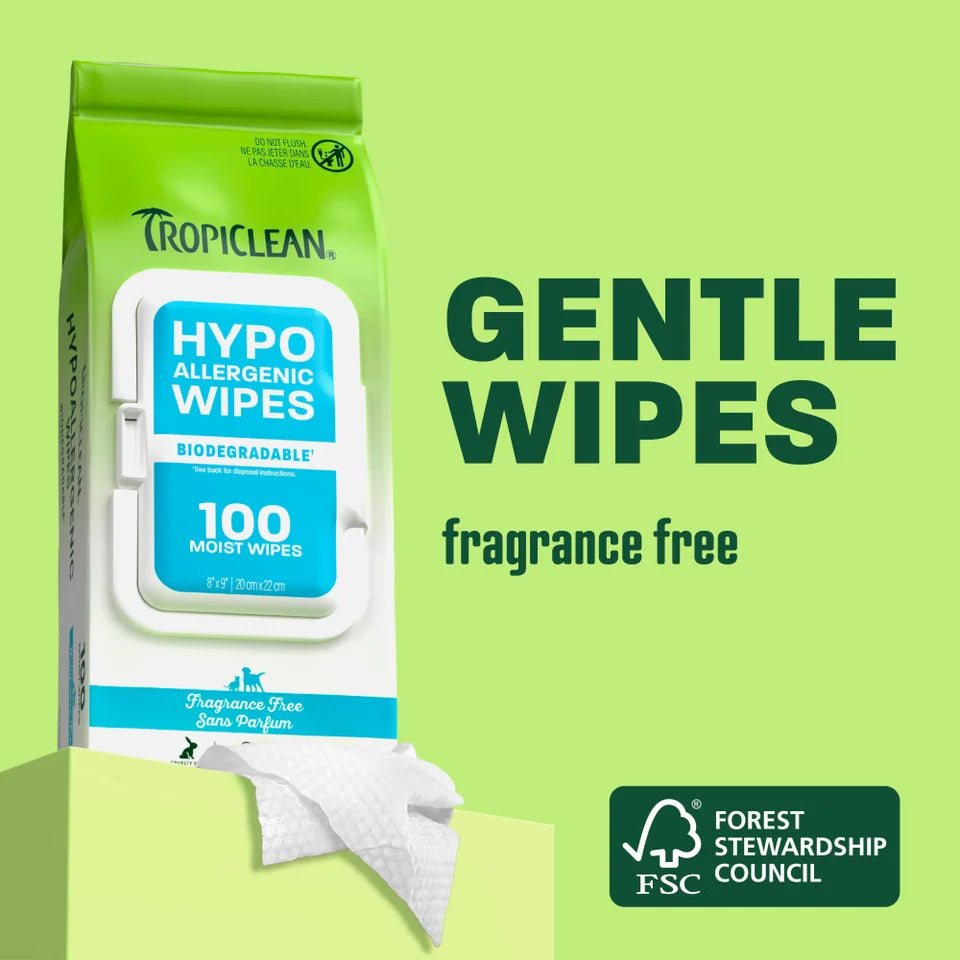 Tropiclean Deodorizing Hypo Allergenic Fragrance Free Dog & Cat Wipes 100 ct